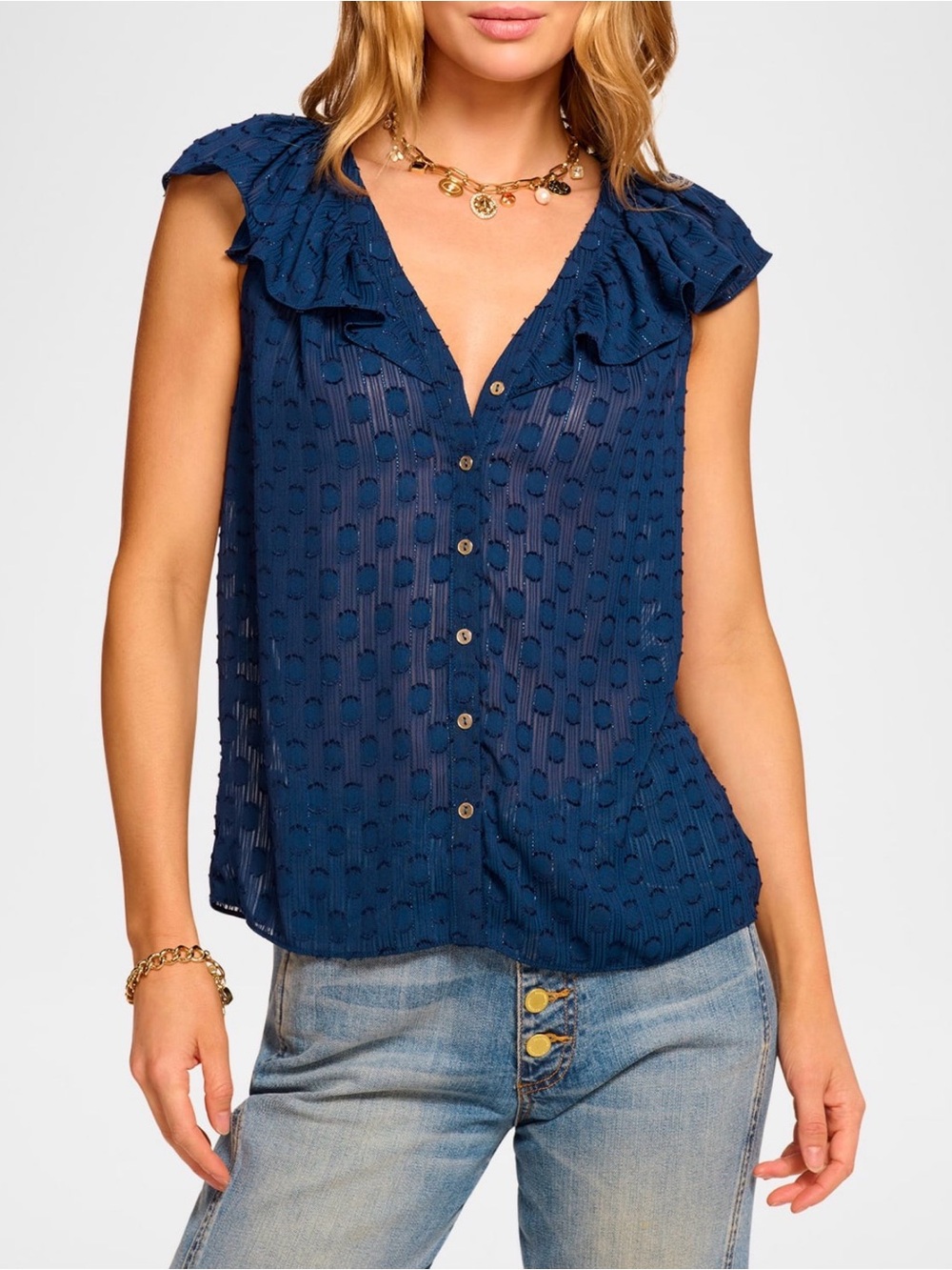 Ramy Brook ⭐️NEW⭐️ Silvia Dot ruffle-trim navy sleeveless top - Size Large